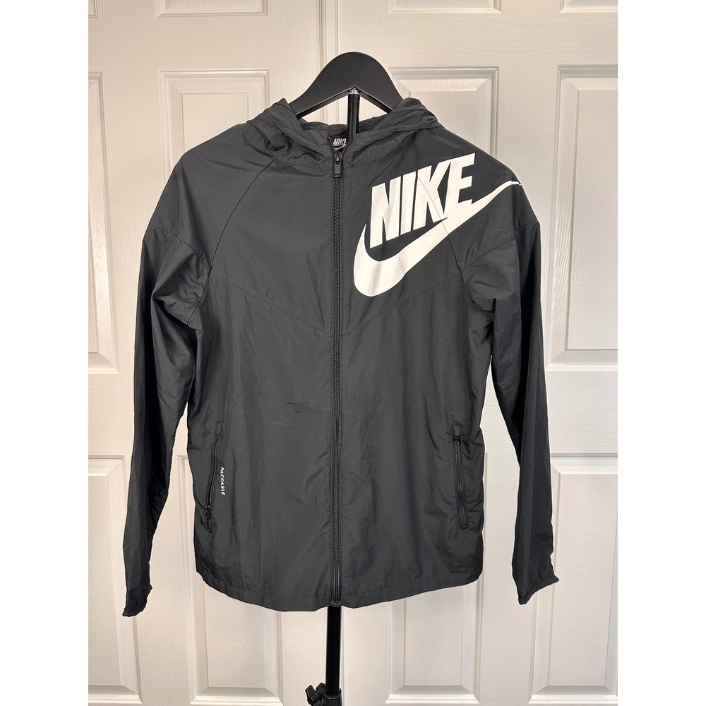 Nike Kids XL Windrunner Hooded Windbreaker Jacket Black White Logo Full Zip